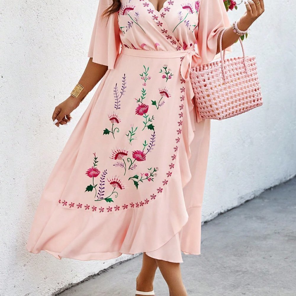 Pink Boho Womens Plus Size Women's Wrap Design Dress With Floral Print - Picture 4 of 5